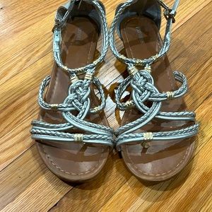 Silver and gold strap sandals with small wedge heel